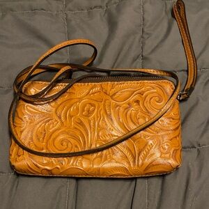 Patricia Nash Embossed Tan Leather Wristlet/Crossbody Bag